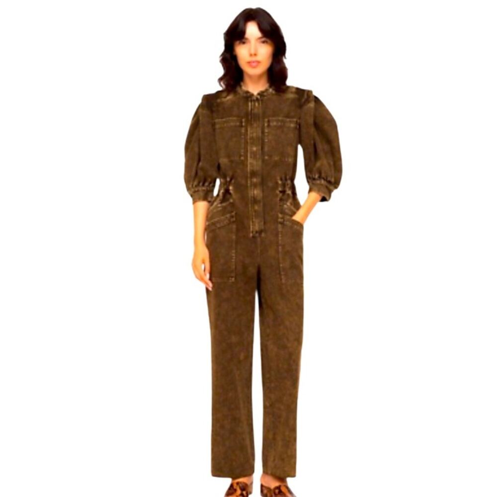 SEA New York Hildur Acid wash denim jean puff sleeve jumpsuit romper Size 4 NWT